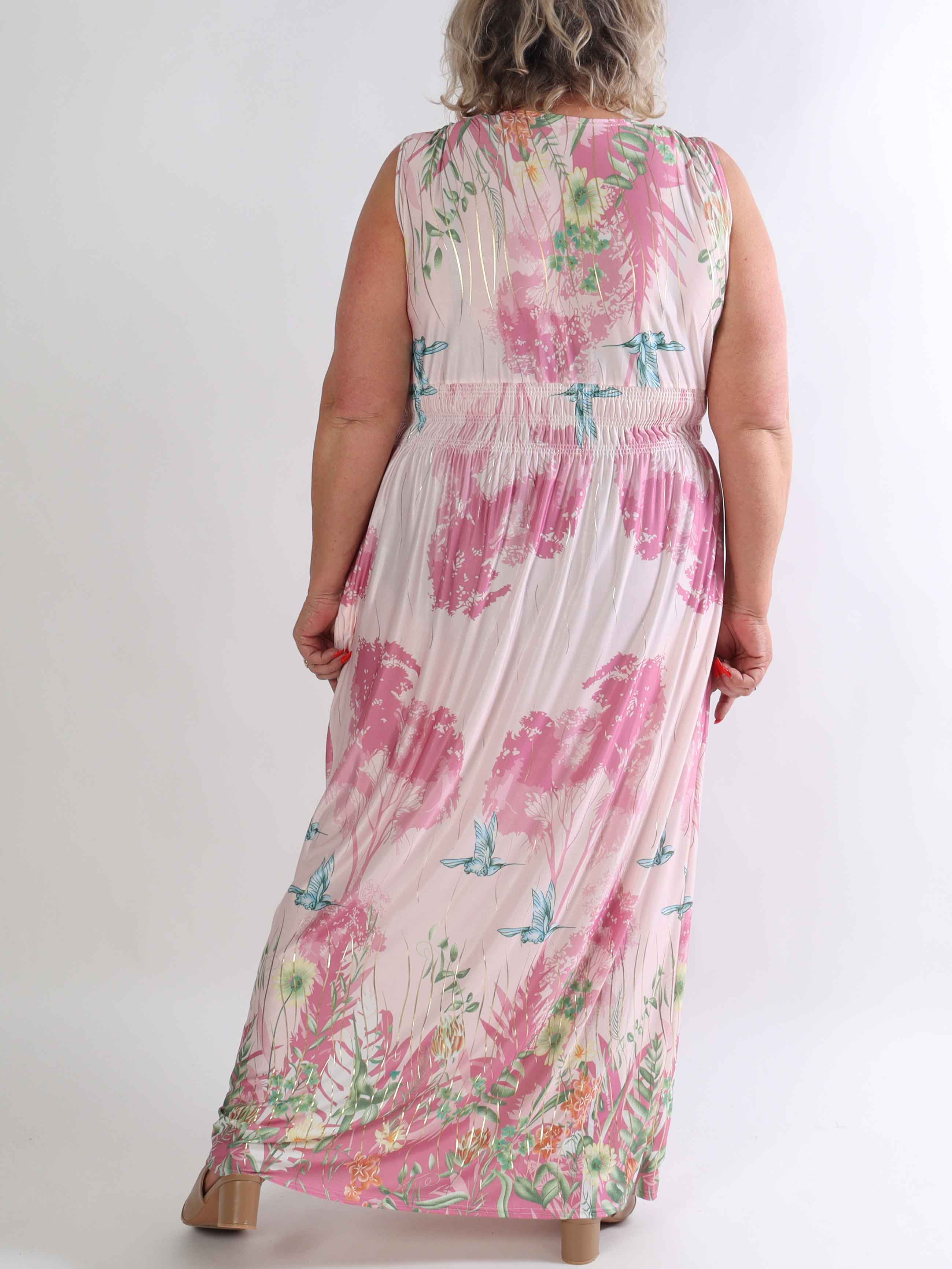 Pams Hummingbird Sleeveless - Elastisk plus size kjole med blomster og fugle motiver